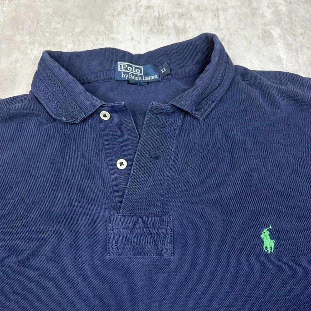 Vintage Polo Ralph Lauren Rugby Polo Shirt Navy Blue Green Pony Mens XL Cotton